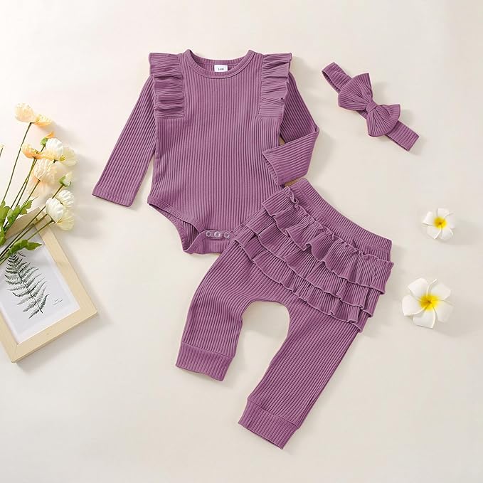 Baby Girl Clothes Newborn Infant Fall Winter Outifts Ribbed Ruffle Long Sleeve Romper Pant Outfit Set 3pcs 0-18Months