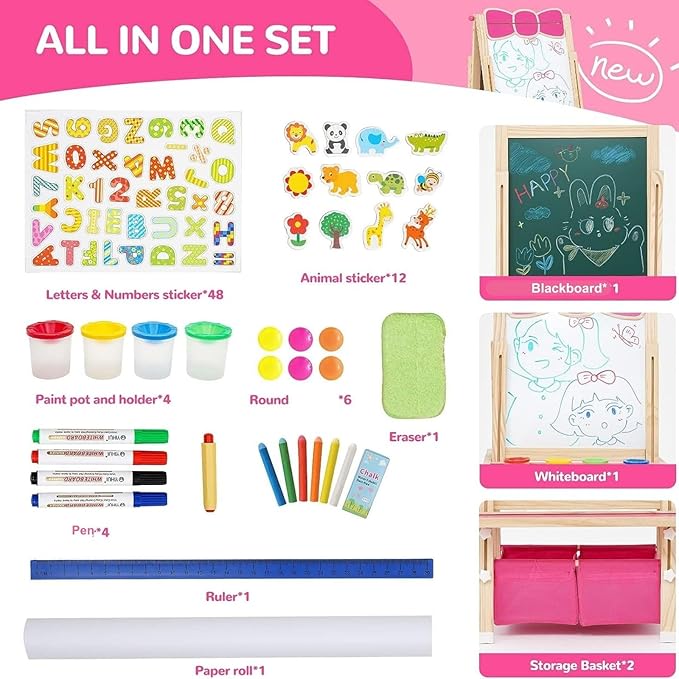 Kids Wooden Easel All-in-one Kid Easel Double Sided Standing Whiteboard Blackboard Children Art Easel with Storage, Height Adjustable Easel for Boys Girls Painting and Writing