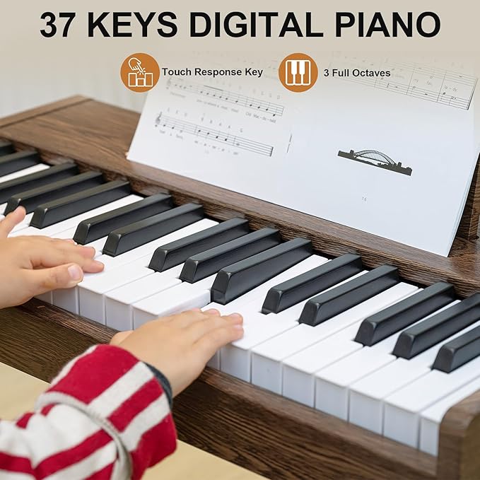 Kids Keyboard Piano, 37 Keys Digital Piano, Toddler Musical Instruments, Wooden Kids Piano with Bench, Toddler Piano for 3+ Girls and Boys, Walnut