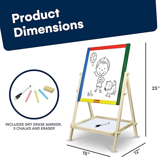 Kidzlane Art Easel for Kids 2-4 - Wooden Toddler Easel - Double Sided Standing Chalkboard/Dry Erase Board for Kids - Toddler Drawing Board with Accessories - 25.75 Inches Blackboard and Whiteboard