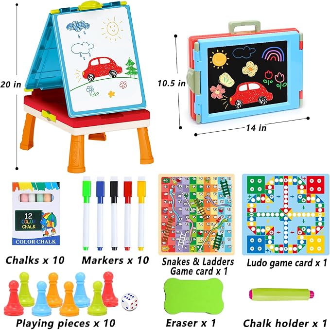 Kids Art Easel Toys, Foldable Double Sided Tabletop Art Easel, Chalk Board and White Board with Painting Accessories, Birthday Gift for Toddlers, Boys and Girls