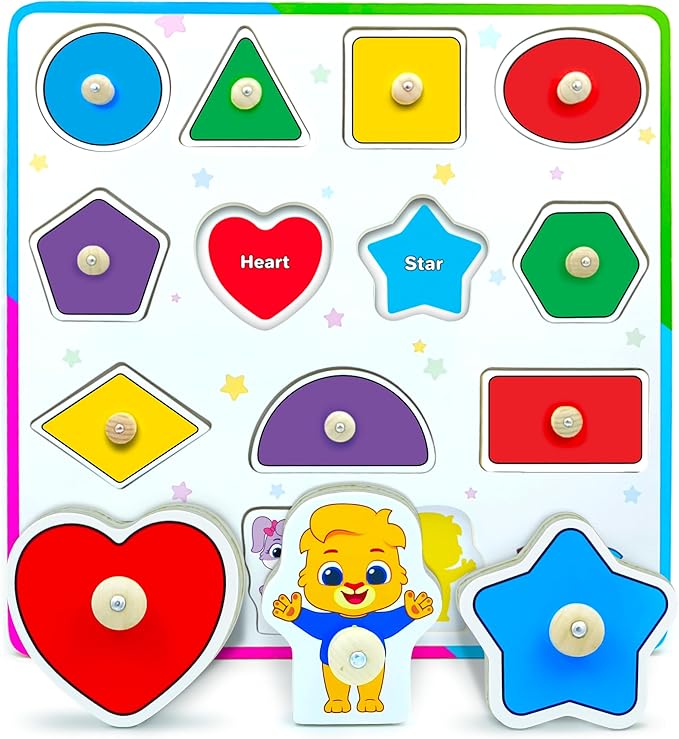 Lucas & Friends Wooden Toys, Peg Puzzle Toddler Toys, Educational Wooden Puzzles for Montessori and Preschool Kids, Shapes Puzzle Board for Ages 3 4 5 6 Years Old Boys and Girls As Gifts