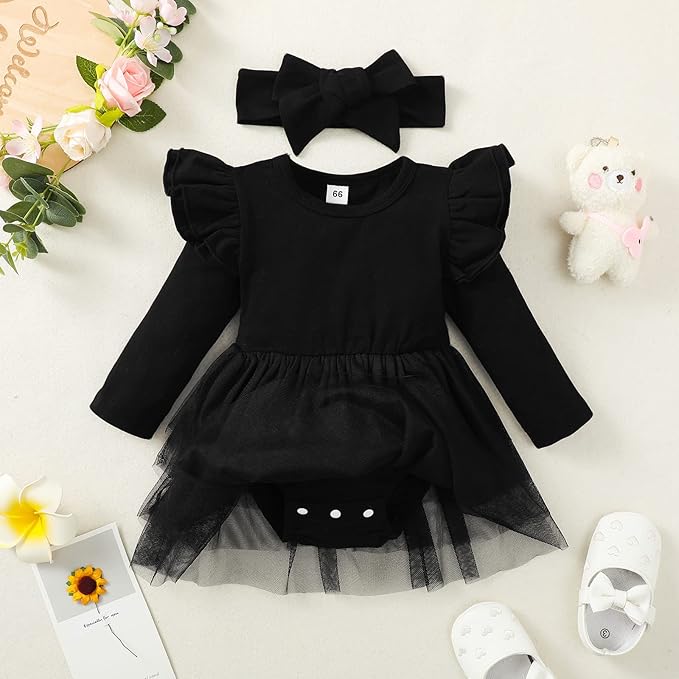 Baby Girl Ruffle Sleeve Romper Dress Outfit Newborn Princess Tulle Dresses Infant Jumpsuit Tutu Skirt Set Clothes