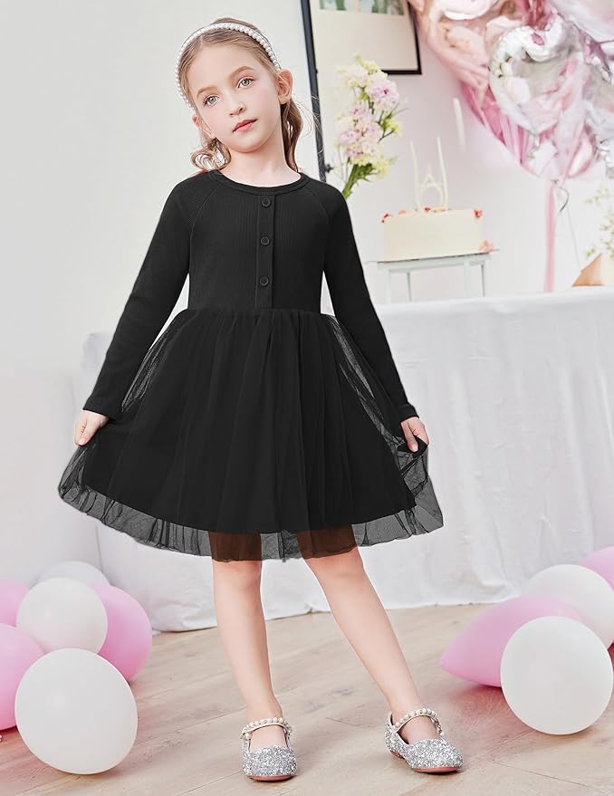 Arshiner Toddler Girls Tutu Dress Long Sleeve Fall Winter Button Front Party Tulle Dresses 2-8Y