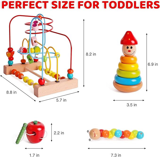 SHIERDU Four-in-one Early Education Set Bead Maze Toy for Toddlers Montessori Activity Caterpillars Eat Apple Wooden Rainbow Stacker Twisting Caterpillar Toddler Activity Center Portable Travel Toys