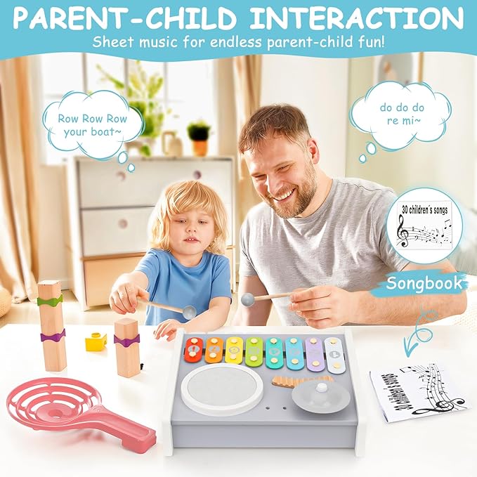 Kids Drum Set Musical Instruments - 5 in 1 Montessori Toys for Toddler Baby, Wooden Music Kit with Piano Keyboard Xylophone, Preschool Educational Sensory Toys Birthday Gifts for Boys Girls 1-3+
