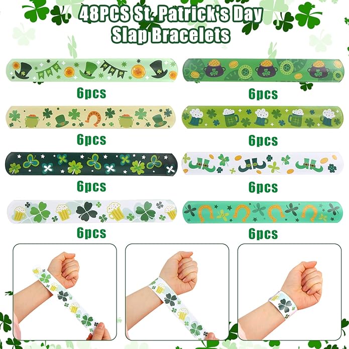 KIMOBER 48PCS St. Patrick's Day Slap Bracelets,Green Snap Wristbands with Sharmrock Cauldron for Kids Party Favors
