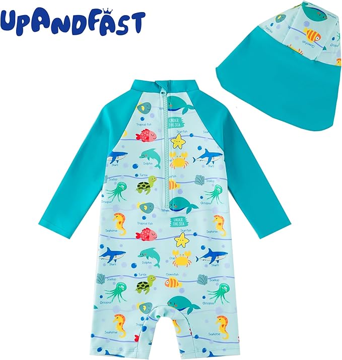 upandfast Baby/Toddler Swimsuit UPF 50+ Sun Protection One Piece Zipper Bathing Suit with Sun Hat Infant Beach Swimwear