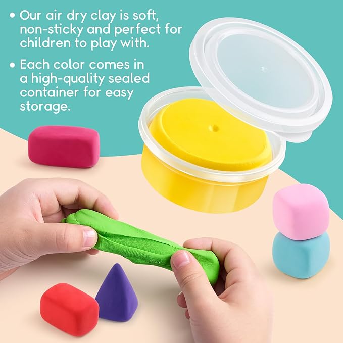 Air Dry Clay Kit for Kids - Comes with Instructional Guide Featuring 4 Scenes & 26 Projects Tutorials, 18 Cans of Modeling Clay, Includes Display Stand, Gift for Girls and Boys
