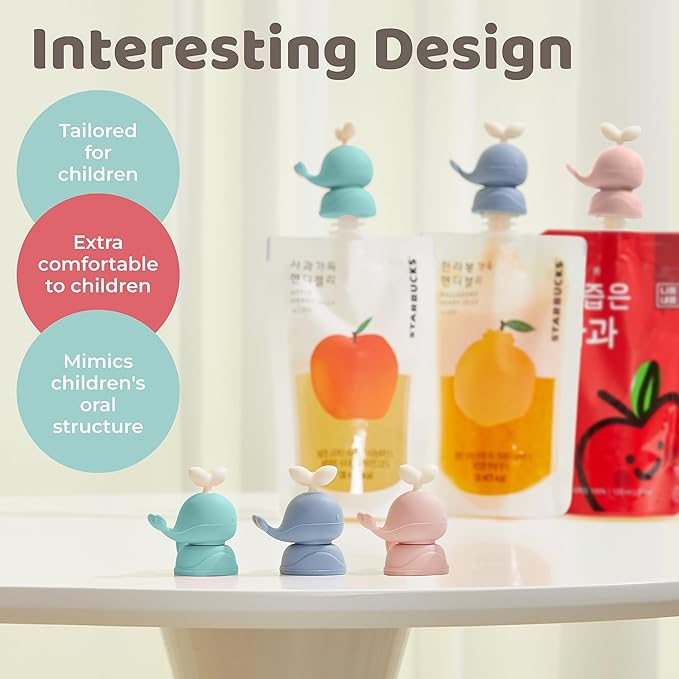 Whale SoftSip Food Pouch Topper | 2EA + Travel Case | Prevent Spills & Leakage | Protect Child Baby Toddler Mouth | Food Grade Silicone Reusable | Baby Led Weaning | BPA Free| Pink+Blue