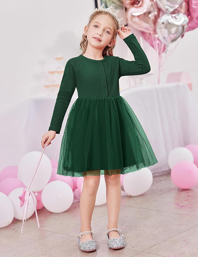 Arshiner Toddler Girls Tutu Dress Long Sleeve Fall Winter Button Front Party Tulle Dresses 2-8Y