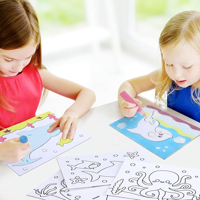 30 Sets Ocean Animal Sand Art Kits for Kids DIY Ocean Craft Sand Painting Colored Sand Art Painting Cards Set for Children DIY Arts Ocean Theme Educational and Learning Activities