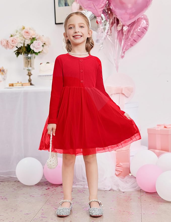 Arshiner Toddler Girls Tutu Dress Long Sleeve Fall Winter Button Front Party Tulle Dresses 2-8Y