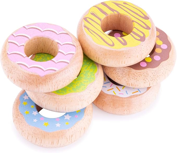 New Classic Toys 10629 Wooden Pretend Play Kids Donuts Set Cooking Simulation Educational Color Perception Toy for Preschool Age Toddlers Boys Girls
