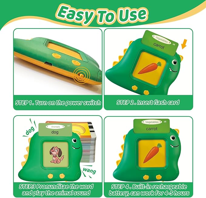 Kids Toddler Toys, Baby Dinosaur Talking Flash Cards for 2 3 4 5 6 Year Old Boys Girls with 224 Sight Words, Autism Sensory Toys, Montessori Learning Educational Toys Children Gifts (Green)