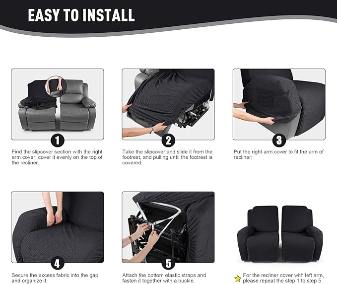 KinCam Recliner Covers, Stretch Reclining Chair Covers, Recliner Sofa Slipcovers Stripe Jacquard Recliner Couch Covers Furniture Protector Covers for Pet Kid (2 Seater, Black)
