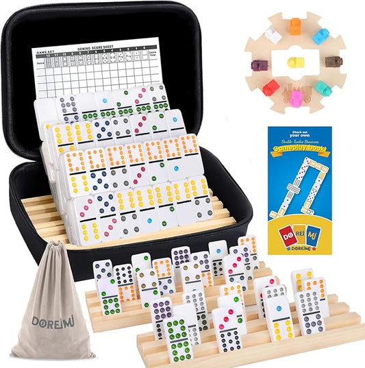 Upgraded Mexican Train Dominoes Set with Wooden Hub and 4 Racks/Trays,Double 12 Dominos Set for Kids, Adults Travel Set with 91 Tiles and Carry Case, Classic Board Games for Family Night