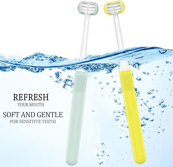 2 Pieces 3 Sided Toddler Toothbrush, Three Bristles for Kids Toothbrush, Autism Soft Bristles Toothbrush,Soft and Gentle for Complete Tooth and Gum Care(C1(Blue+Yellow) Kids)