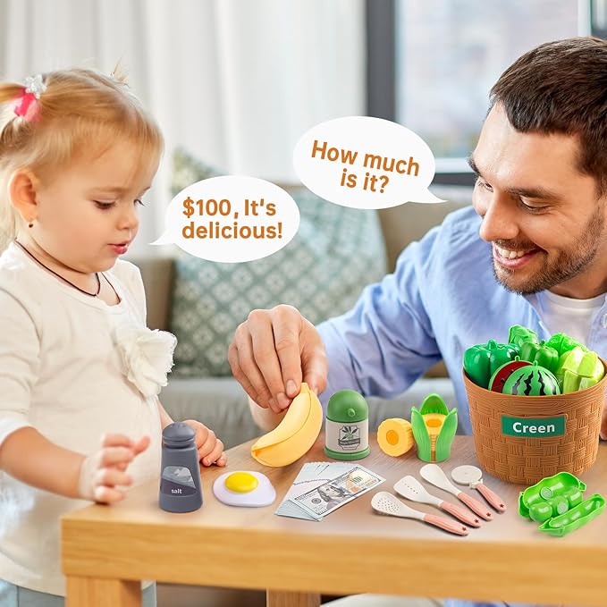 90Pcs Kitchen Playset Accessories, Pretend Cooking with Pots, Pans, Cookware, Food, Fruit, Veges, Color Sorting Baskets, Prop Money, Learning Gift for Girls Boys Toddlers (Blue)