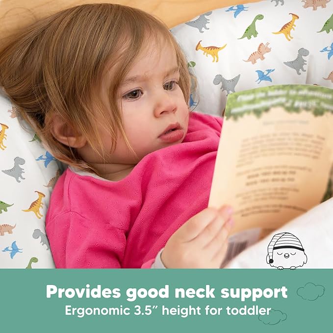 Toddler Pillow with Pillowcase - 13x18 My Little Dreamy Pillow, Organic Cotton Toddler Pillows for Sleeping, Kids Pillow, Travel Pillows, Mini Pillow, Nursery Pillow, Toddler Bed Pillow (Roarsome)