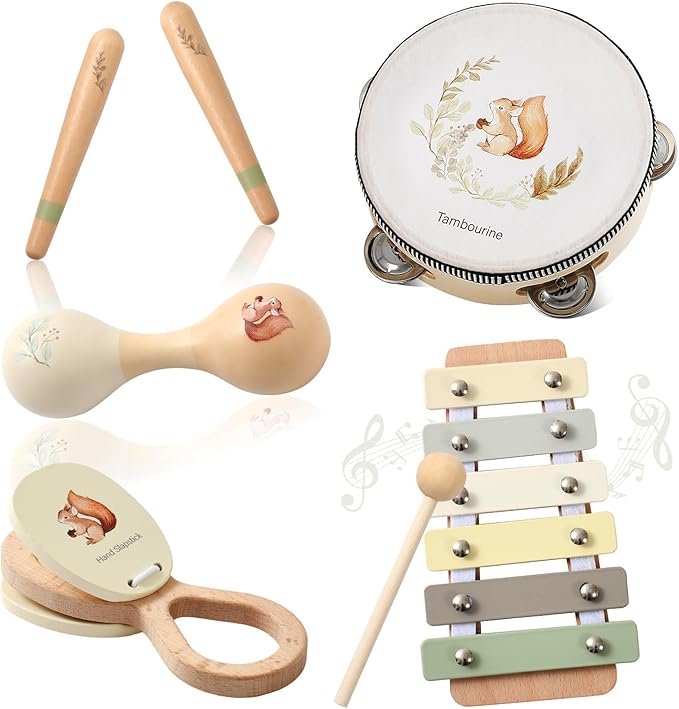 Baby Musical Instruments Set Wooden Montessori Musical Toys for Toddlers Neutral Colors Percussion Instruments Set with Modern Boho Xylophone Tambourine Educational Musical Toys for Preschool Kids