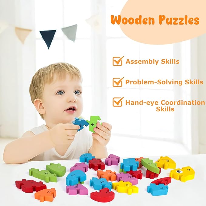 LovesTown Goldfish Wooden Puzzle, 26PCS Jigsaw Puzzle Alphabet and Number Building Blocks for Kids Toddler Preschool