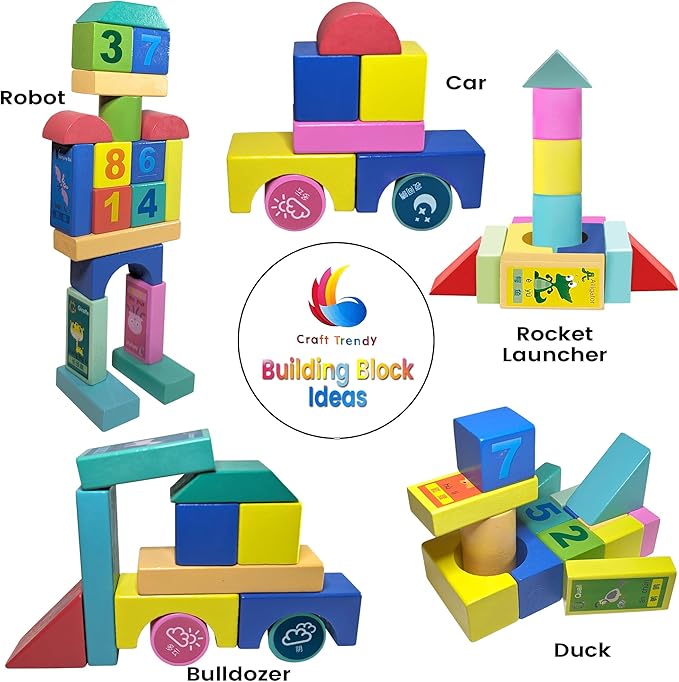 Wooden Blocks Set for Toddlers, Preschoolers, Educational Building Toys, Multicolor, with Storage Bucket and Bag., Medium, WB002