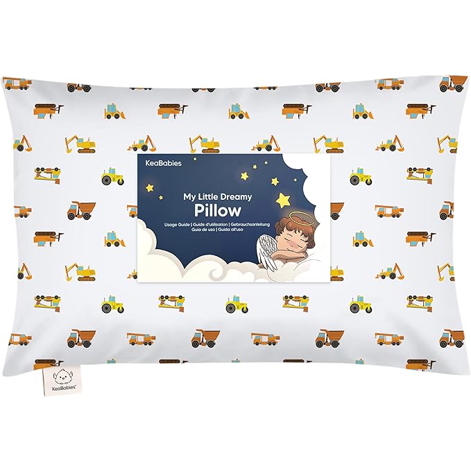 Toddler Pillow with Pillowcase - 13x18 My Little Dreamy Pillow, Organic Cotton Toddler Pillows for Sleeping, Kids Pillow, Travel Pillows,Mini Pillow,Nursery Pillow,Toddler Bed Pillow (Construction)