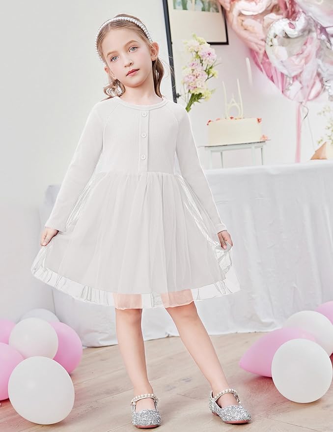 Arshiner Toddler Girls Tutu Dress Long Sleeve Fall Winter Button Front Party Tulle Dresses 2-8Y