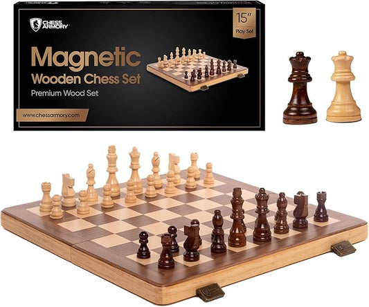 15 Inch Magnetic Wooden Chess Set for Adults & Kids - Folding Travel Chess Board with Handcrafted Staunton Pieces, Extra Queens, and Storage Slots