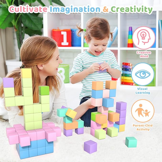 60pcs Magnetic Blocks - 1.38 inch Large Magnetic Building Blocks for Toddlers, Colorful Magnetic Cubes Preschool Educational Sensory Toys, Creative Learning Kids Blocks for Boys Girls Aged 3+