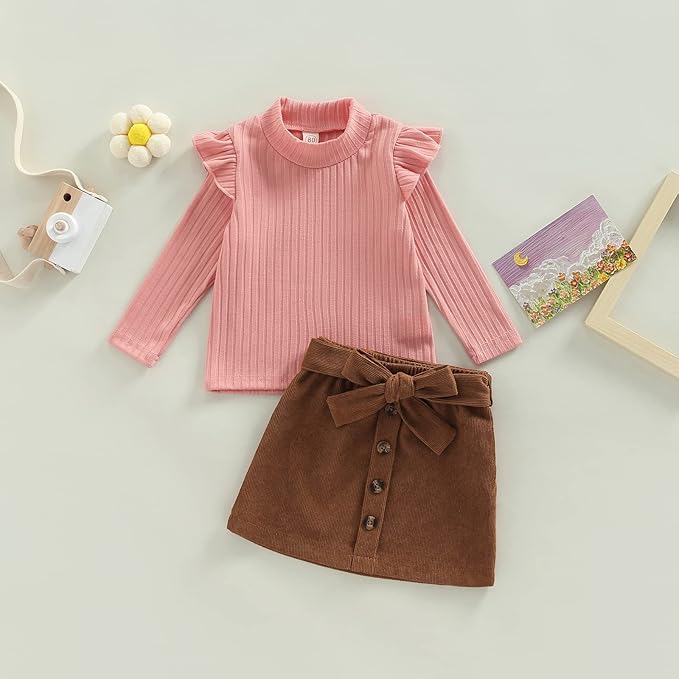 Fernvia Toddler Baby Girl Fall Winter Skirt Set Turtleneck Ribbed Long Sleeve T-Shirt Top & Plaid Skirts Dress 2Pcs Outfits