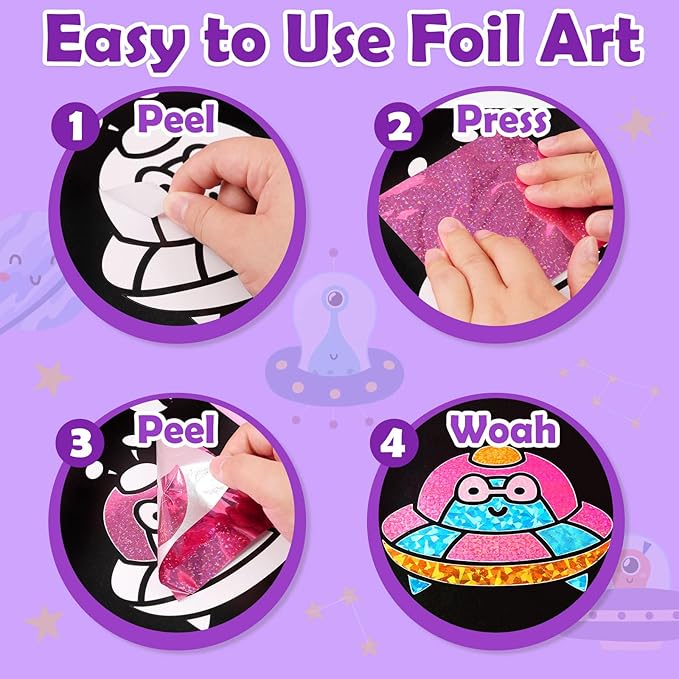 Foil Art Craft Activity for Kids: Fun DIY Toy Sticker Kit, No Mess Creative Travel Supply Set, Idea Birthday Easter Basket Stuffers Valentines Gift for Girl Boy Toddler 4 5 6 7 8 9 Year Old(Space)