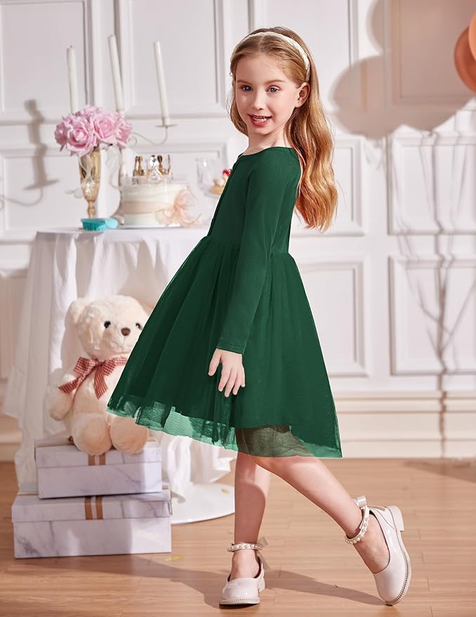 Arshiner Toddler Girls Tutu Dress Long Sleeve Fall Winter Button Front Party Tulle Dresses 2-8Y