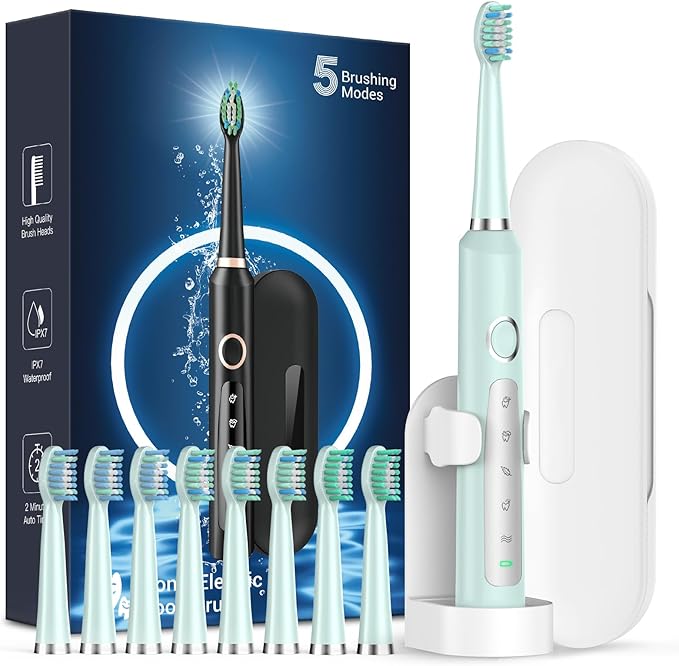 Rtauys M5 Sonic Electric Toothbrush for Adults and Kids - Rechargeable Electric Toothbrush Kids Ages 12+ and Adults with 8 Brush Heads & Travel Case, 120 Days Battery Life - Light Green