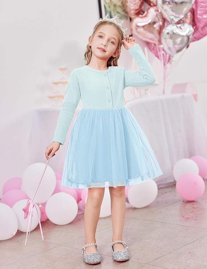 Arshiner Toddler Girls Tutu Dress Long Sleeve Fall Winter Button Front Party Tulle Dresses 2-8Y