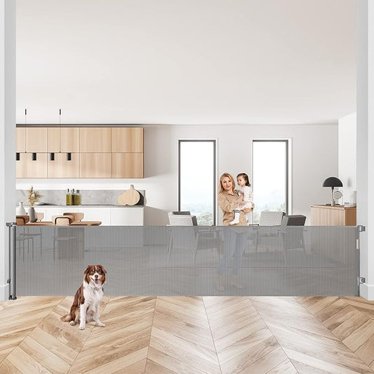 145 Inch Extra Wide Retractable Baby Gate for Large Openings Long Baby Gate Indoor Outdoor Mesh Baby Gate Retractable Gate Dog Gates for The House Extra Wide Retractable Dog Gate for Doorways, Gray