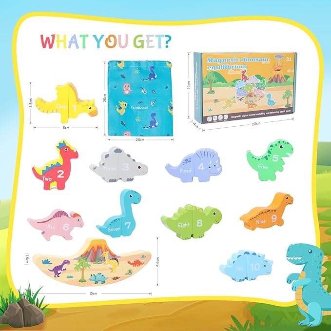 Magnetic Dinosaur Stacking Toys for Toddlers Age 1-3, Montessori Wooden with Numbers, Educational Balance Toy for Boys & Girls Easter Gift for 1 2 3Age, Dinosaur Stacking Game for Preschool Learning