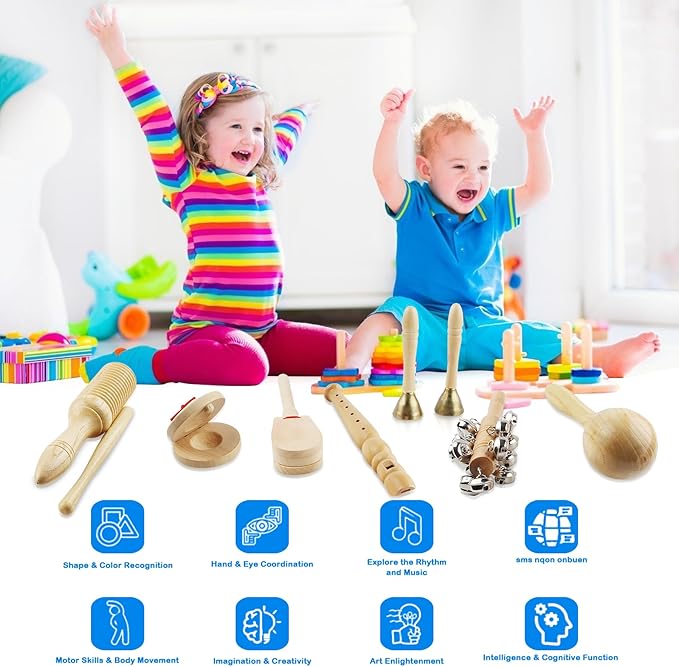 Chriffer Kids Musical Instruments Toys, Percussion Instruments Set with Storage Bag, Preschool Educational Music Toys for Boys Girls, Natural Eco-Friendly Wooden Music Set (10pcs)