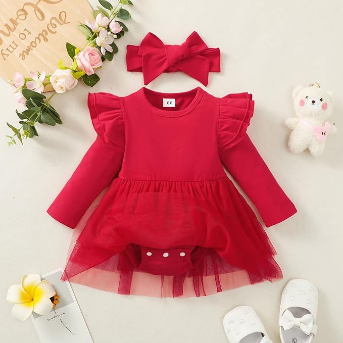 Baby Girl Ruffle Sleeve Romper Dress Outfit Newborn Princess Tulle Dresses Infant Jumpsuit Tutu Skirt Set Clothes