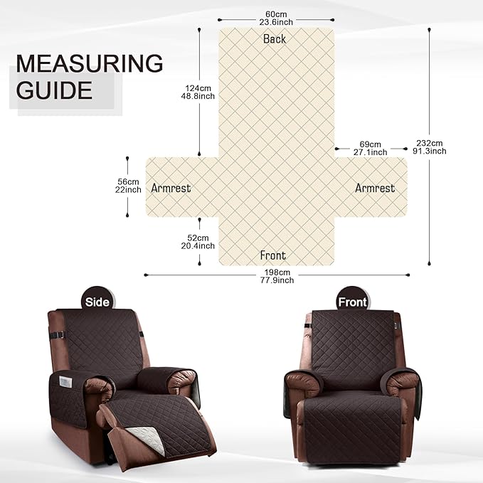 KinCam 100% Waterproof Recliner Chair Cover, Reclining Couch Covers for Pets, Dogs, Recliner Couch Slipcover Furniture Protector with Elastic Straps for Kids(23.6", Chocolate)