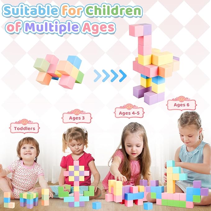 60pcs Magnetic Blocks - 1.38 inch Large Magnetic Building Blocks for Toddlers, Colorful Magnetic Cubes Preschool Educational Sensory Toys, Creative Learning Kids Blocks for Boys Girls Aged 3+