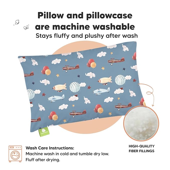 Toddler Pillow with Pillowcase - 13x18 My Little Dreamy Pillow, Organic Cotton Toddler Pillows for Sleeping, Kids Pillow, Travel Pillows, Mini Pillow, Nursery Pillow, Toddler Bed Pillow (Up & Away)