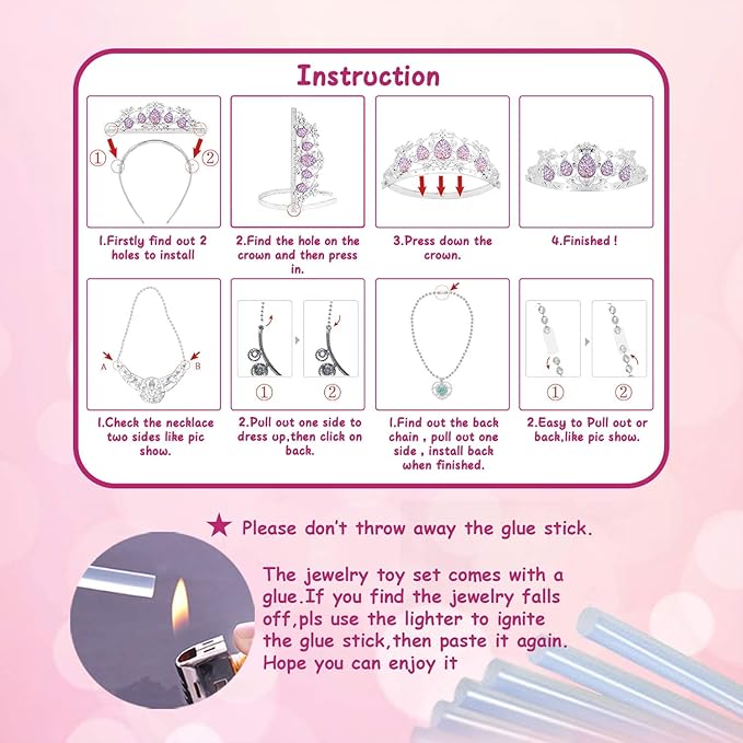 56 Pack Princess Jewelry for Girls Princess Dress Up Accessories Kids Play Jewelry for Girls Included Crown Wand Necklace Bracelet Rings Earrings Great as Princess Party Decoration