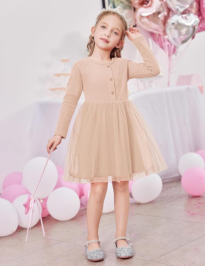 Arshiner Toddler Girls Tutu Dress Long Sleeve Fall Winter Button Front Party Tulle Dresses 2-8Y