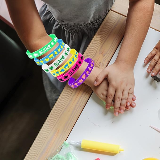 48PCS Rainbow Slime Rubber Bracelets Silicone Wristbands -Art Paint Party Supplies Birthday Baby Shower Party Favors