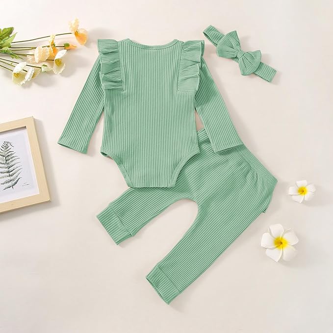 Baby Girl Clothes Newborn Infant Fall Winter Outifts Ribbed Ruffle Long Sleeve Romper Pant Outfit Set 3pcs 0-18Months