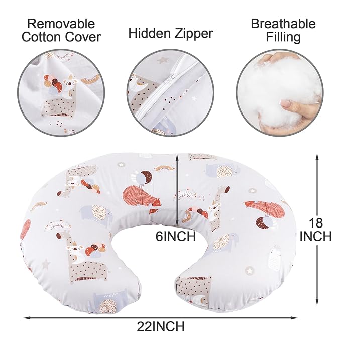 Nursing Pillow, Breastfeeding Pillows with Standard Size Removable Cover, Breast Feeding Pillow with Breathable Filling, Ergonomic Nursing Essentials for Bottle and Breastfeeding- Animal Gray