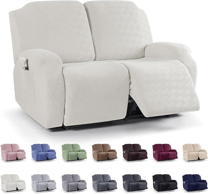 KinCam Recliner Covers, Stretch Reclining Chair Covers, Recliner Sofa Slipcovers Stripe Jacquard Recliner Couch Covers Furniture Protector Covers for Pet Kid (2 Seater, Cream)