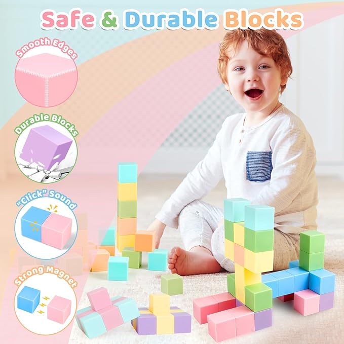 60pcs Magnetic Blocks - 1.38 inch Large Magnetic Building Blocks for Toddlers, Colorful Magnetic Cubes Preschool Educational Sensory Toys, Creative Learning Kids Blocks for Boys Girls Aged 3+